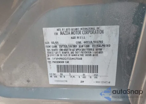 2005 Mazda Mazda6 S Grand Touring from USA, damaged, VIN 1YVHP82D755M57048